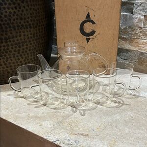 Vintage JENAER Glass Teapot w/ 5 Matching Cups